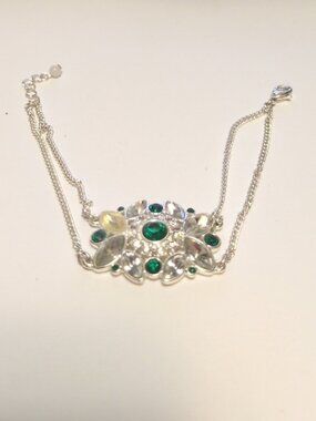 Vintage Avon Green Stone Emerald and Rhinestone Silver Bracelet Yellowing Under